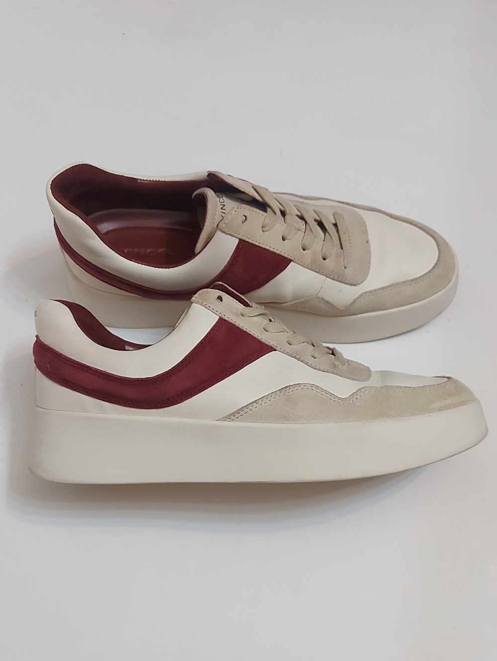 Vince Women Cream and Burgundy Leather Suede Sneakers